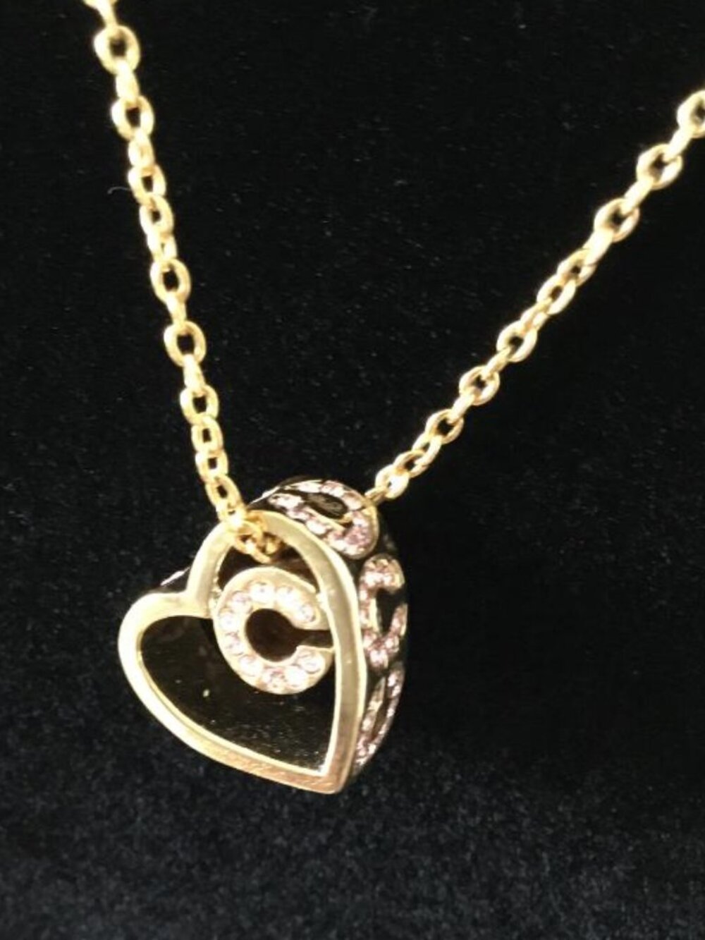 Coach Necklace Open Heart Sparkling Pink Crystal Signature C Center and Sides